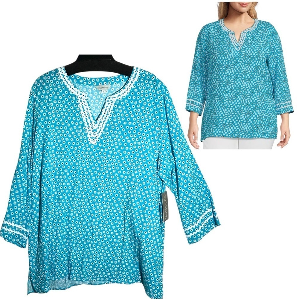 NEW Multiples Crinkle Split V-Neck 3/4 Sleeve Ric-Rac Trim Fitted Tunic Size 1X